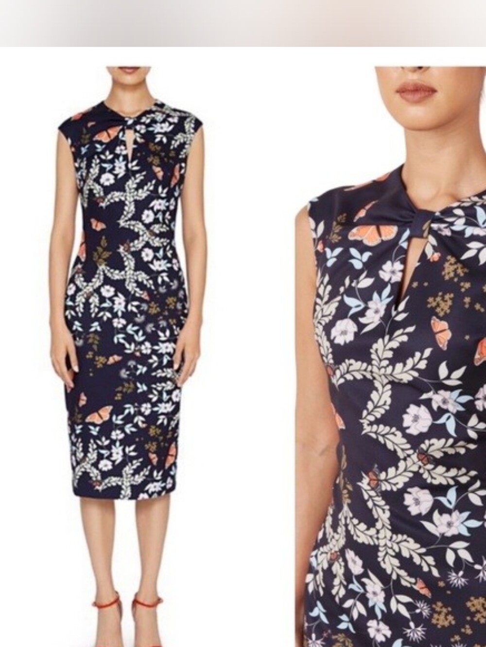 Ted Baker Black Midi Dress with Coral Butterfly Print
